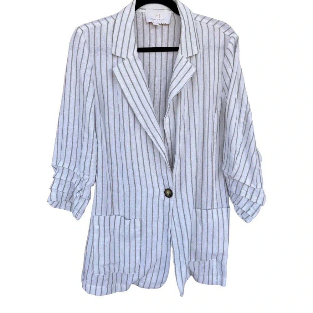 Halston Women's White Metallic Stripes Linen Blazer Size Large